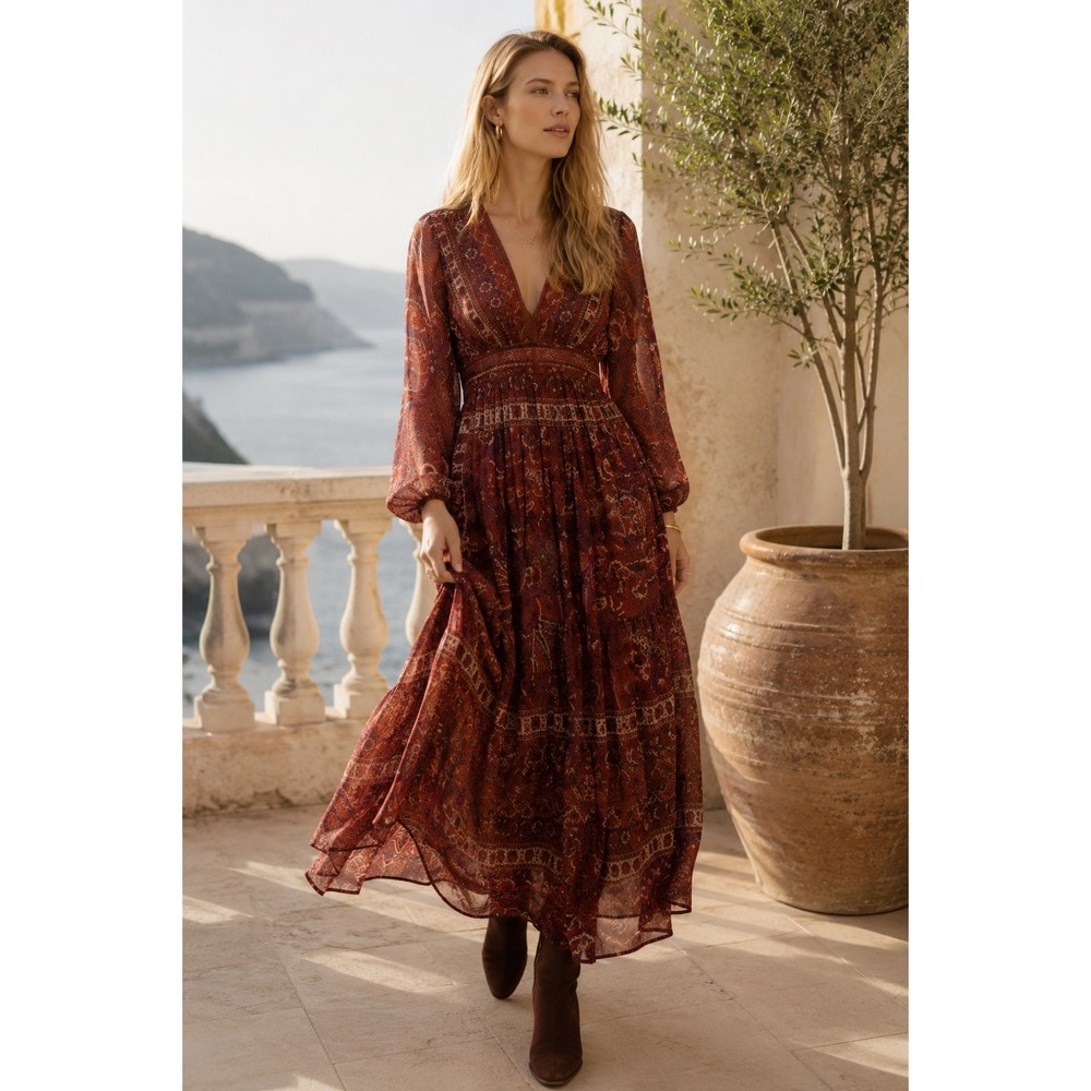 Ranna‎ Gill Anthropologie CERET 2 Maxi Dress Bohemian Print Long Sleeve